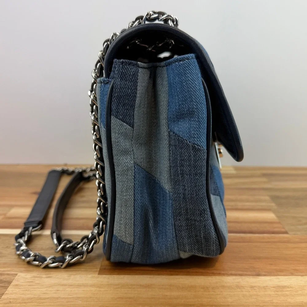 Michael Kors Sloan Denim Patchwork Shoulder Bag Blue Silver Chain Crossbody